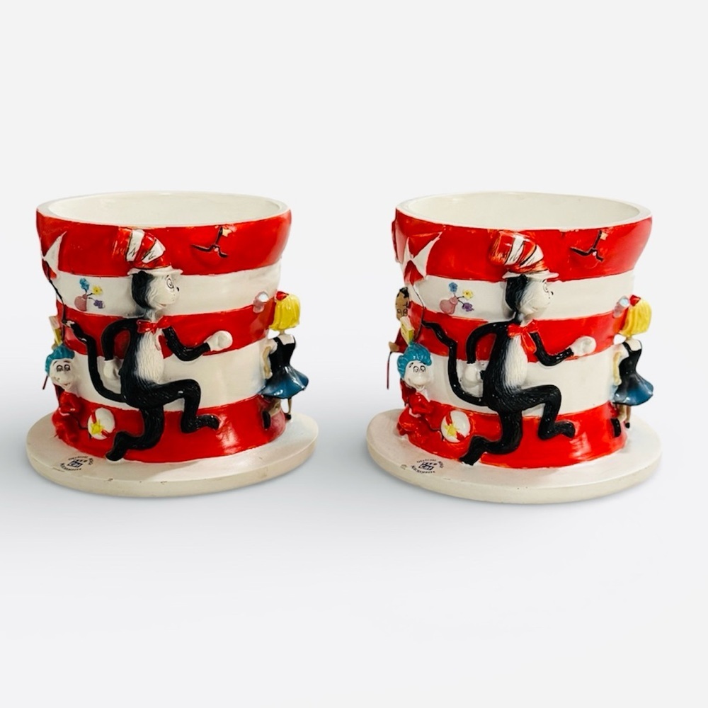 Vtg 2003 Dr. Seuss The Cat in the Hat Movie Bookends / Pencil Cups - Pair - Rare